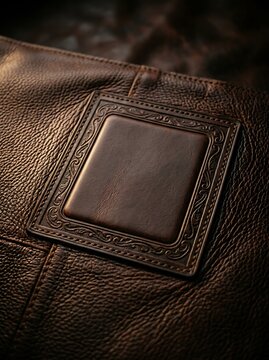 Tooled Brown Leather Patch with Decorative Ornate Border on Textured Background