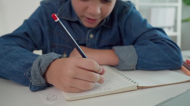 Caucasian young boy doing homework and writing in a notebook at home. 