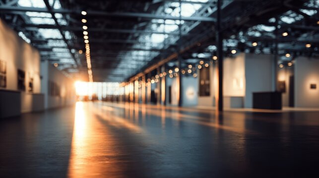 Empty Modern Art Gallery with Bright Sunset Lighting and Wooden Floor