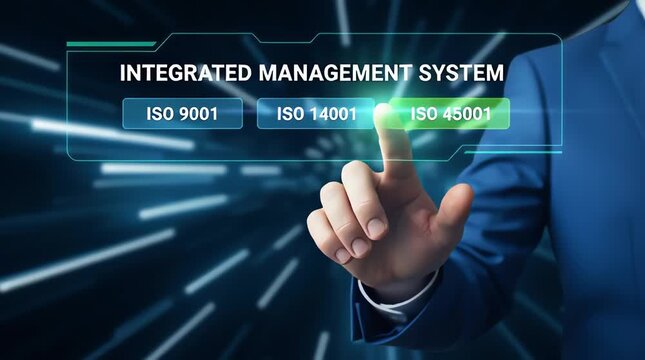 Businessman interacting with animation video interface for integrated management system