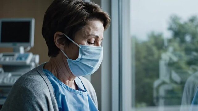 Unhappy cancer patient in mask during appointment at medical center facing difficult situation