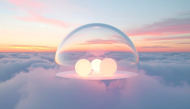 Three glowing spheres inside a transparent glass dome floating over a sea of clouds under a peaceful pastel sunset sky, surreal dreamlike atmosphere