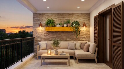 Fototapeta premium Cozy modern balcony lounge area with stone wall and sunset view