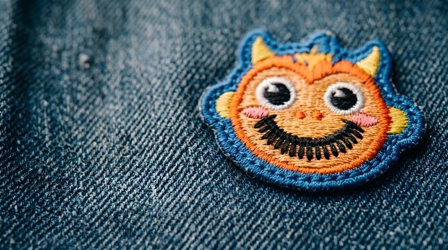 Embroidered monster face patch sewn onto blue denim fabric