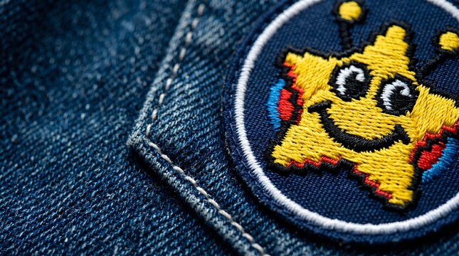 Embroidered yellow star character patch sewn onto blue denim