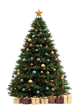 A Christmas tree decorated with colorful ornaments and lights stands with gifts underneath.