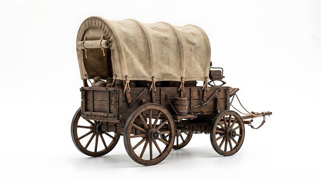 Antique Wooden Covered Wagon Pioneer Style Isolated on White