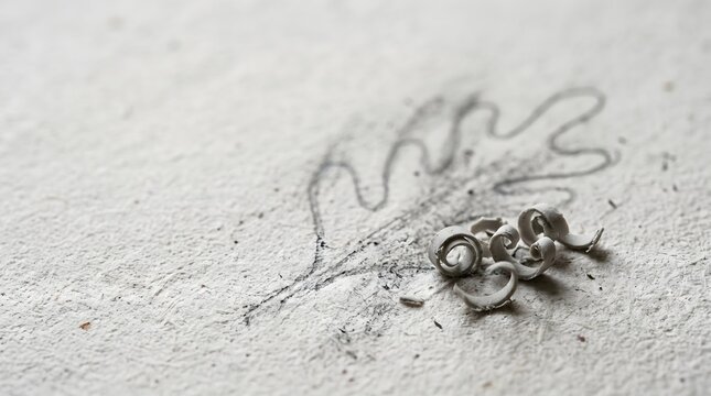 Curled eraser shavings on textured paper over pencil sketch