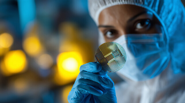 Engineer in full cleanroom gear working in lab