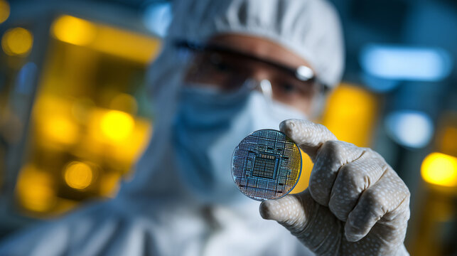 Cleanroom engineer in white suit mask and gloves