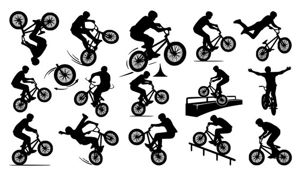 BMX rider silhouette collection freestyle bicycle tricks and stunt vector set isolated on white