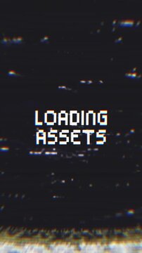 Loading Assets Glitch Text Animation on Black Background. Perfect for gaming, technology, sci-fi intros, or transition screens.