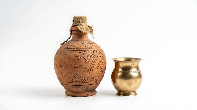 Traditional Terracotta Jug and Brass Vessel on White Background