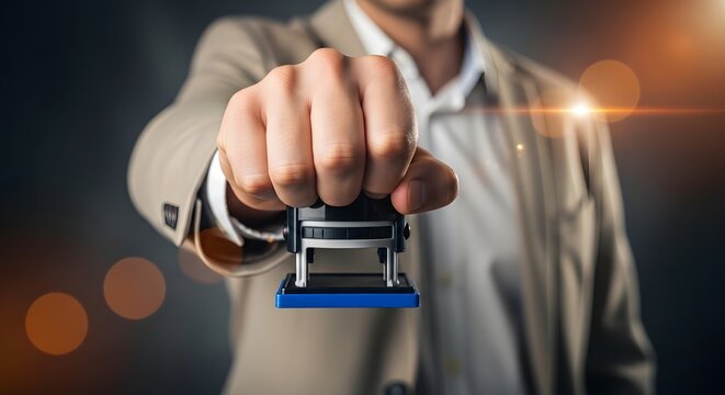 Man in suit holding a rubber stamp, with warm light flare