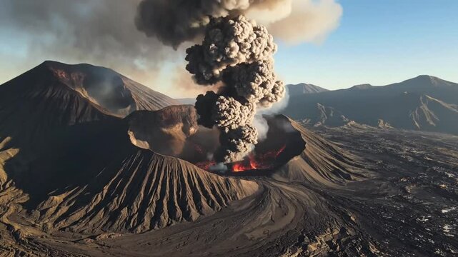 Wide aerial view shows smoke rising from active volcano in VSRExport region during afternoon hours