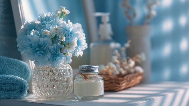 Elegant Bathroom Decor with Blue Hydrangea Flowers and Candles in Natural Light
