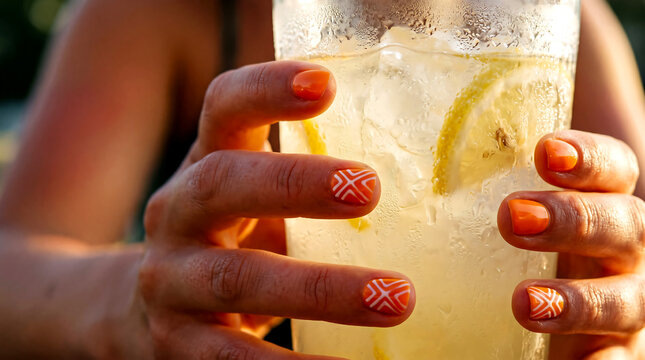 Womans hand holding a refreshing summer drink with stylish orange nail art