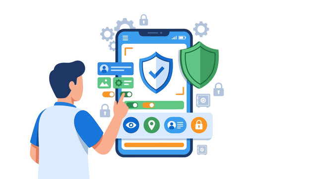 Flat faceless illustration of a man interacting with security settings on a smartphone screen featuring blue and green shield icons, padlocks, and digital privacy toggles on white.
