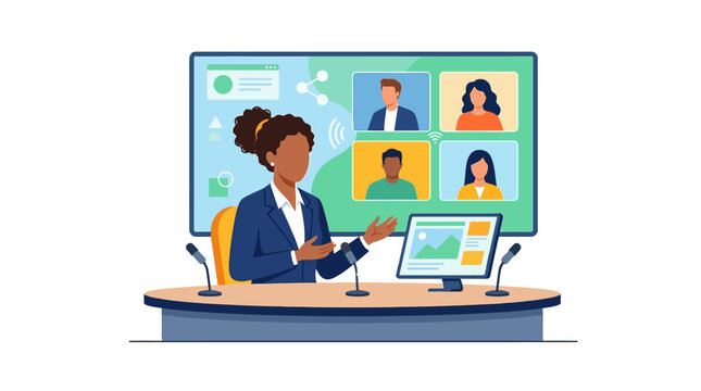 Flat faceless vector illustration of a Black woman professional moderator hosting a virtual video conference webinar with diverse remote participants shown on a large screen display.