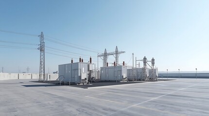 Obraz premium Modern Electrical Power Substation Under Clear Blue Sky, Industrial Infrastructure.