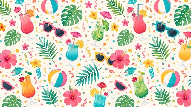 Summer tropical seamless pattern with cocktails, beach balls, sunglasses, palm leaves and flowers isolated on white background