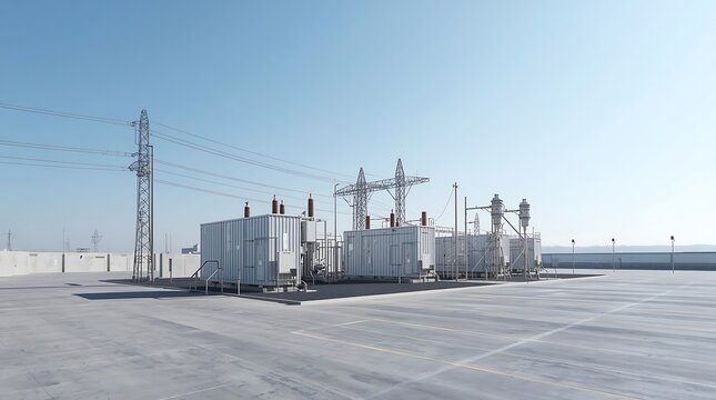 Modern Electrical Power Substation Under Clear Blue Sky, Industrial Infrastructure.