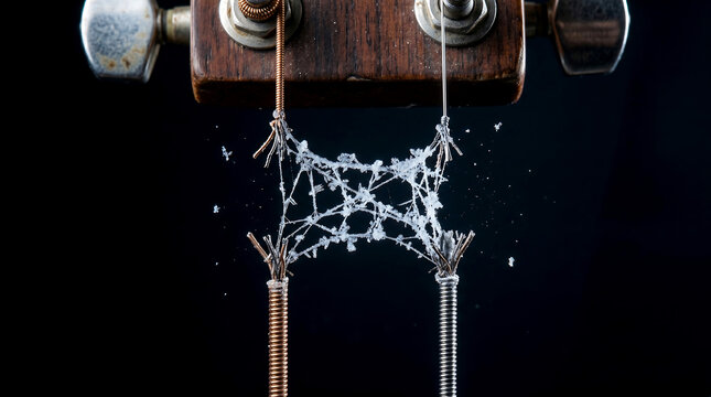 Broken guitar strings on a wooden tuning peg with metal hardware