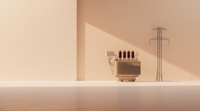 Minimalist Power Substation and Transmission Tower in Warm Tones.
