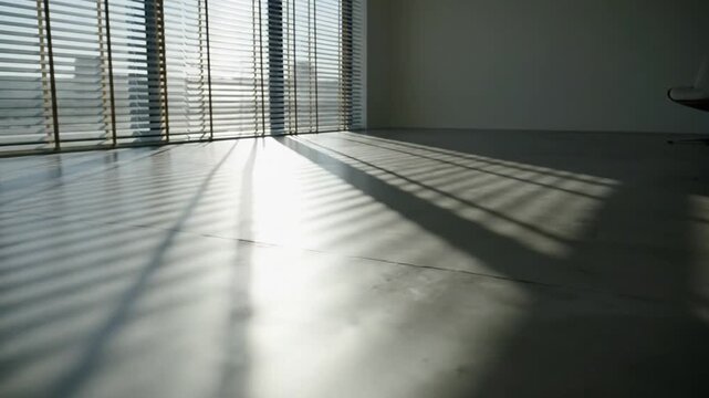 Sunlight streaming through window blinds into empty dark room.