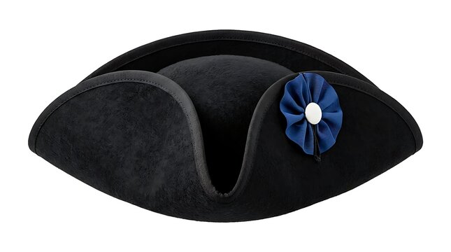 Historical Black Bicorne Hat with Blue Cockade Isolated on White