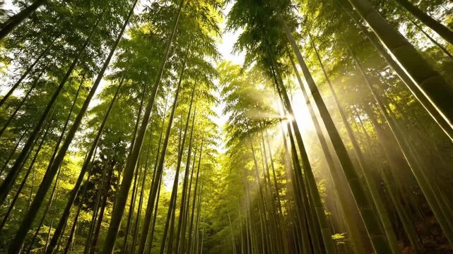 Sunlight filters through the bamboo canopy in Arashiyama during the late afternoon