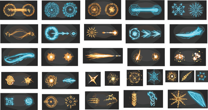 Fantasy magic combat projectile icons and elemental spell beam effects set featuring glowing laser beams plasma energy bursts and explosion frames for video game UI design