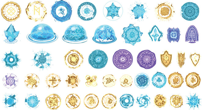 Fantasy magic circle icons and elemental shield barrier vector set featuring glowing runes orbs and protective energy seals for video game user interface design