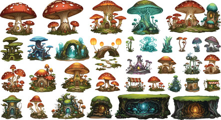 Naklejka premium Fantasy mushroom houses and fairytale gnome village structures set featuring enchanted toadstool dwellings bioluminescent gates and mossy cave shelters for RPG game map assets