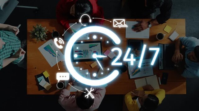 A vibrant office scene depicting a diverse team engaged in collaboration, emphasizing 24-hour support through communication tools and visual representations for business efficiency. Raster
