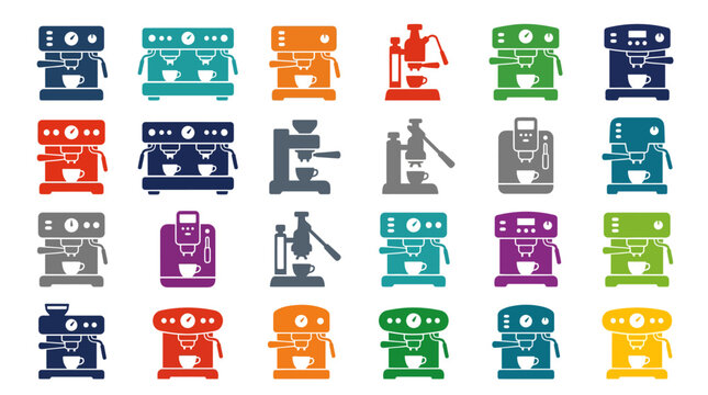 Colorful coffee machines in variety.