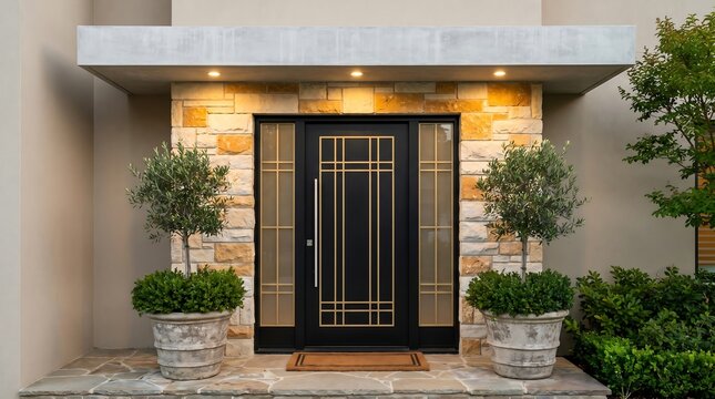 Modern front door entrance with stone wall and potted olive trees