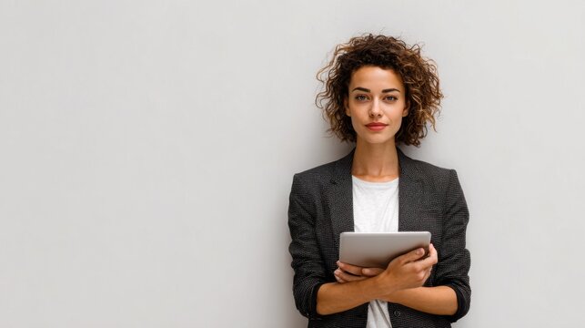 Confident businesswoman with curly hair holding digital tablet against plain wall