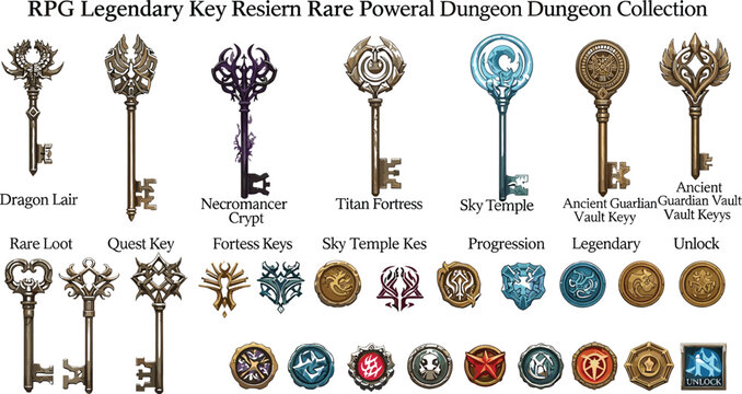  Fantasy RPG keys and dungeon progression achievement icons set featuring mythical quest unlock designs for video game development asset kits