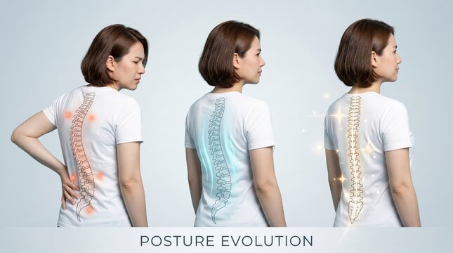 Posture evolution showing woman back pain relief, spinal correction stages from hunched to straight healthy spine alignment
