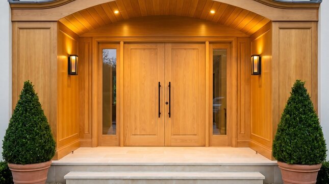 Modern luxury wooden double front door entrance with stone steps and topiary