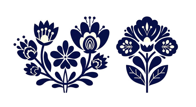 Nordic-inspired floral patterns featuring clean lines and high-contrast navy blue tones in a flat vector format.