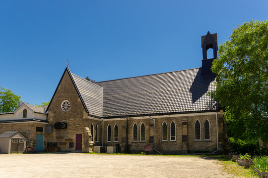 Mackenzie Memorial Gospel Church in Stratford, Ontario, a 19th-century religious building honoring local history with traditional architecture and community significance.