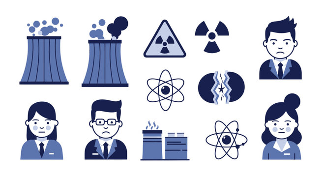 Nuclear Energy Industry Flat Icons and Personnel Set
