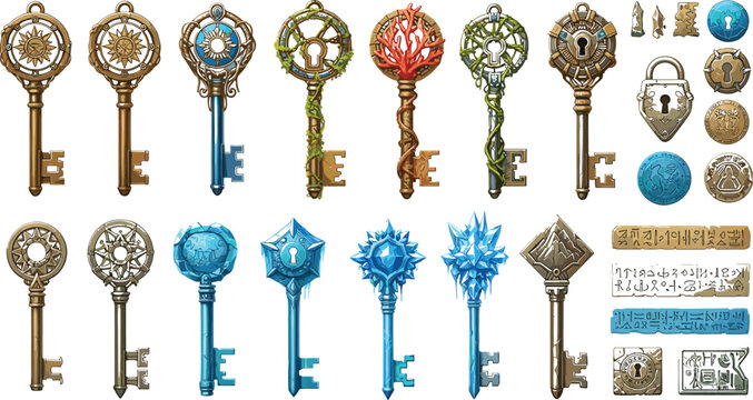  Fantasy RPG nature and ice keys set featuring sun coral vines frost locks and dungeon quest rewards for video game design asset kits