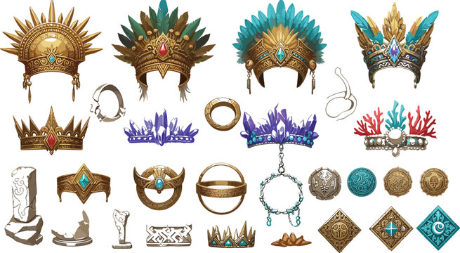  Fantasy tribal crowns and magical gemstone headdress vector icons set featuring aztec gold and crystal tiara elements for mobile RPG game interface design layouts