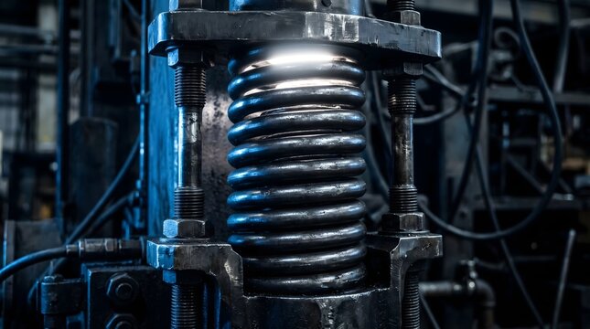 A massive metal spring holds immense pressure, glowing with a bright inner light that represents the containment of potential energy, resilience, and the spark of human innovation.