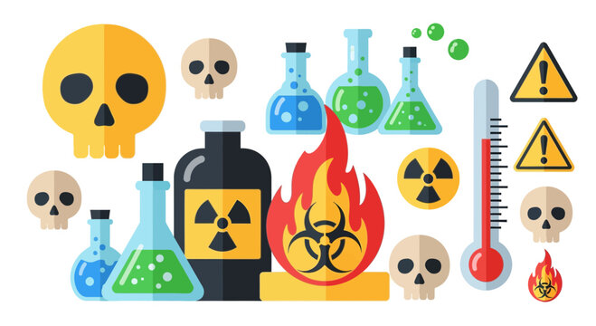 Hazardous material and toxic chemical flat vector icon set