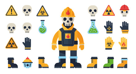 Fototapeta premium Chemical Hazards and Laboratory Safety Flat Vector Icon Set with Skull Symbols