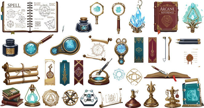 Fantasy wizard spellbook and arcane scholar research equipment set featuring magical scrolls quills crystal lenses and runic artifacts for video game development asset kits